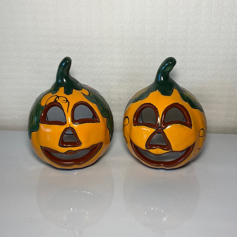 Halloween Pumpkins Talavera Ceramic Votive Candle Holders  Mexico Set Of 2
